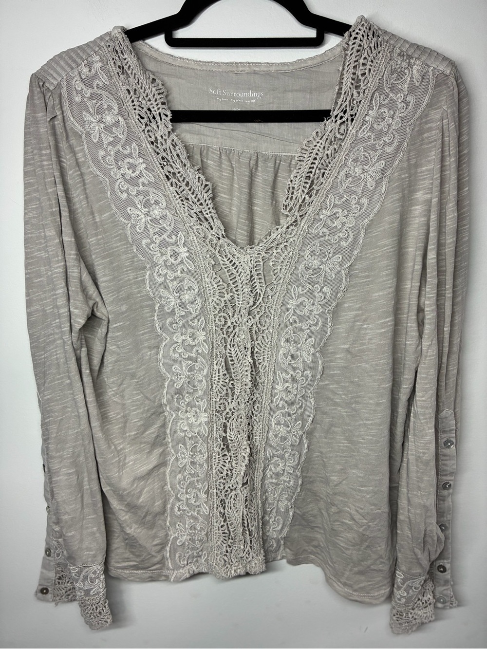 Soft Surroundings Lace-Trim Long Sleeve Top — Light Taupe
